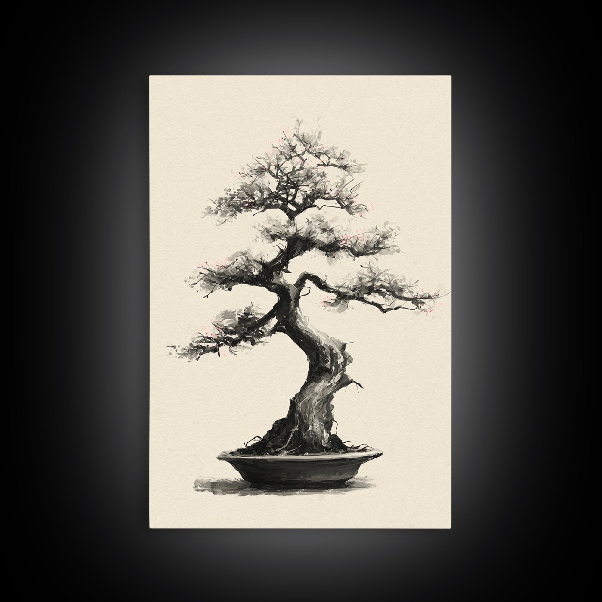 Delicate Bonsai Tree Traditional Ink Style Painting Wall Art Framed Canvas Print For Japanese Inspired Home Decor