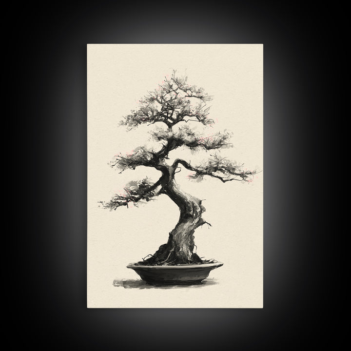Delicate Bonsai Tree Traditional Ink Style Painting Wall Art Framed Canvas Print For Japanese Inspired Home Decor