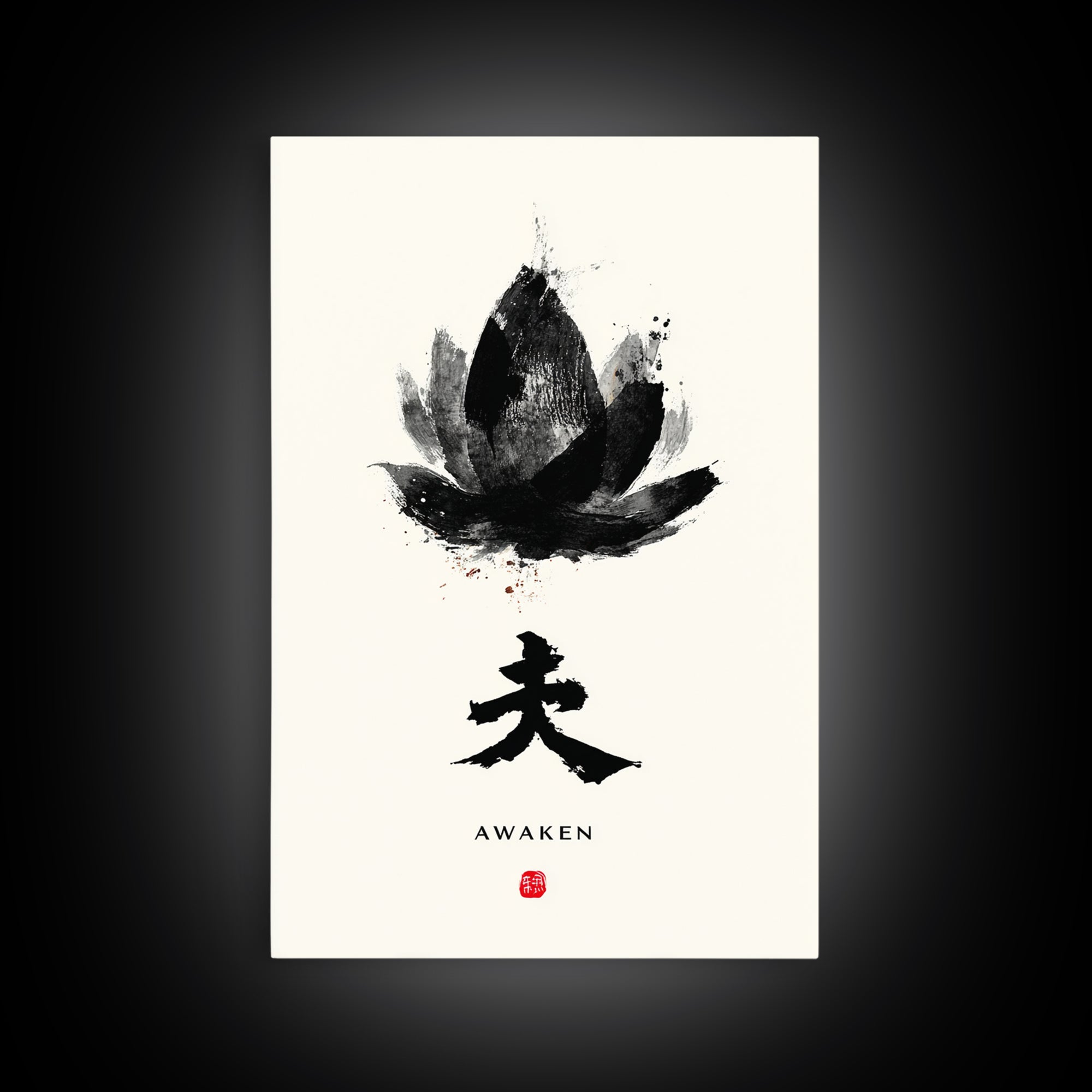 Abstract Black Lotus Flower Zen Awaken Japanese Calligraphy Painting Wall Art Framed Canvas Print Minimalist Home Decor