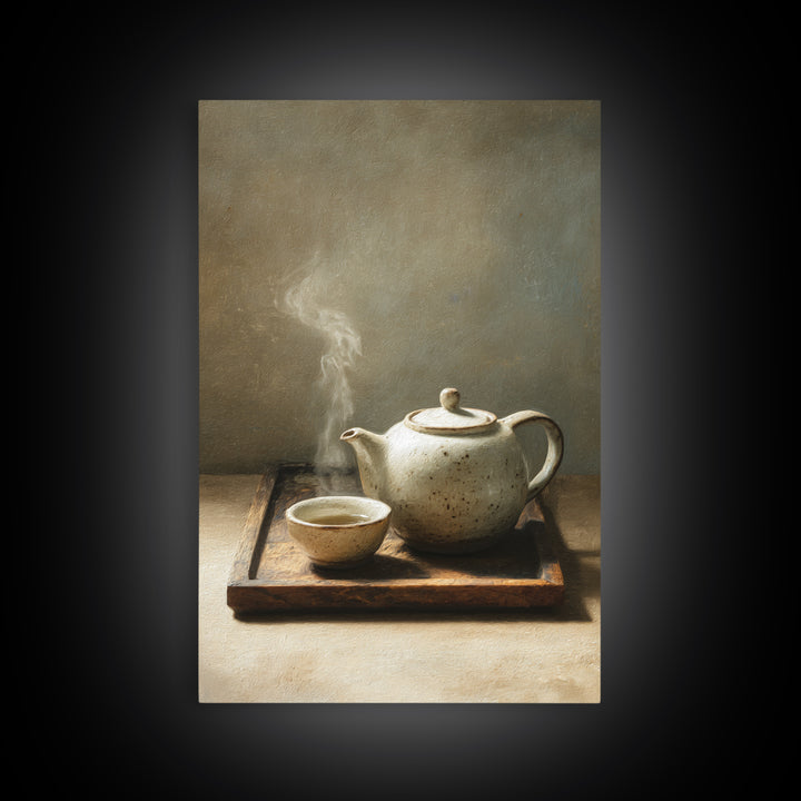 Minimalist Still Life With White Ceramic Teapot And Cup Steam Rising Wall Art Print Modern Canvas Print