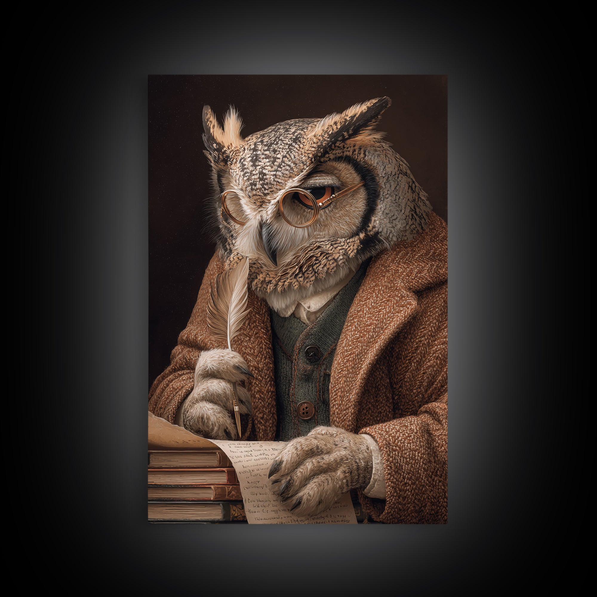 Wise Owl Scholar With Quill Wall Art, Whimsical Animal Portrait, Dark Academia Library Decor, Bird Art Print, Unique Gift