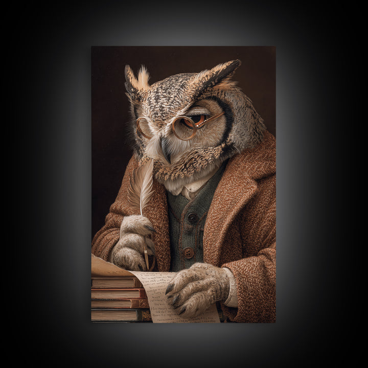 Wise Owl Scholar With Quill Wall Art, Whimsical Animal Portrait, Dark Academia Library Decor, Bird Art Print, Unique Gift