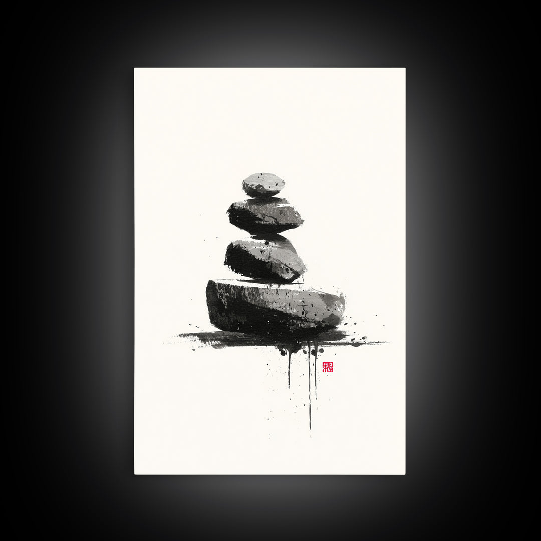 Zen Rock Balancing Japanese Ink Style Minimalist Wall Art Black And White Canvas Print For Modern Home Decor