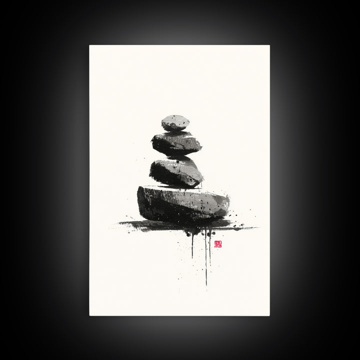 Zen Rock Balancing Japanese Ink Style Minimalist Wall Art Black And White Canvas Print For Modern Home Decor