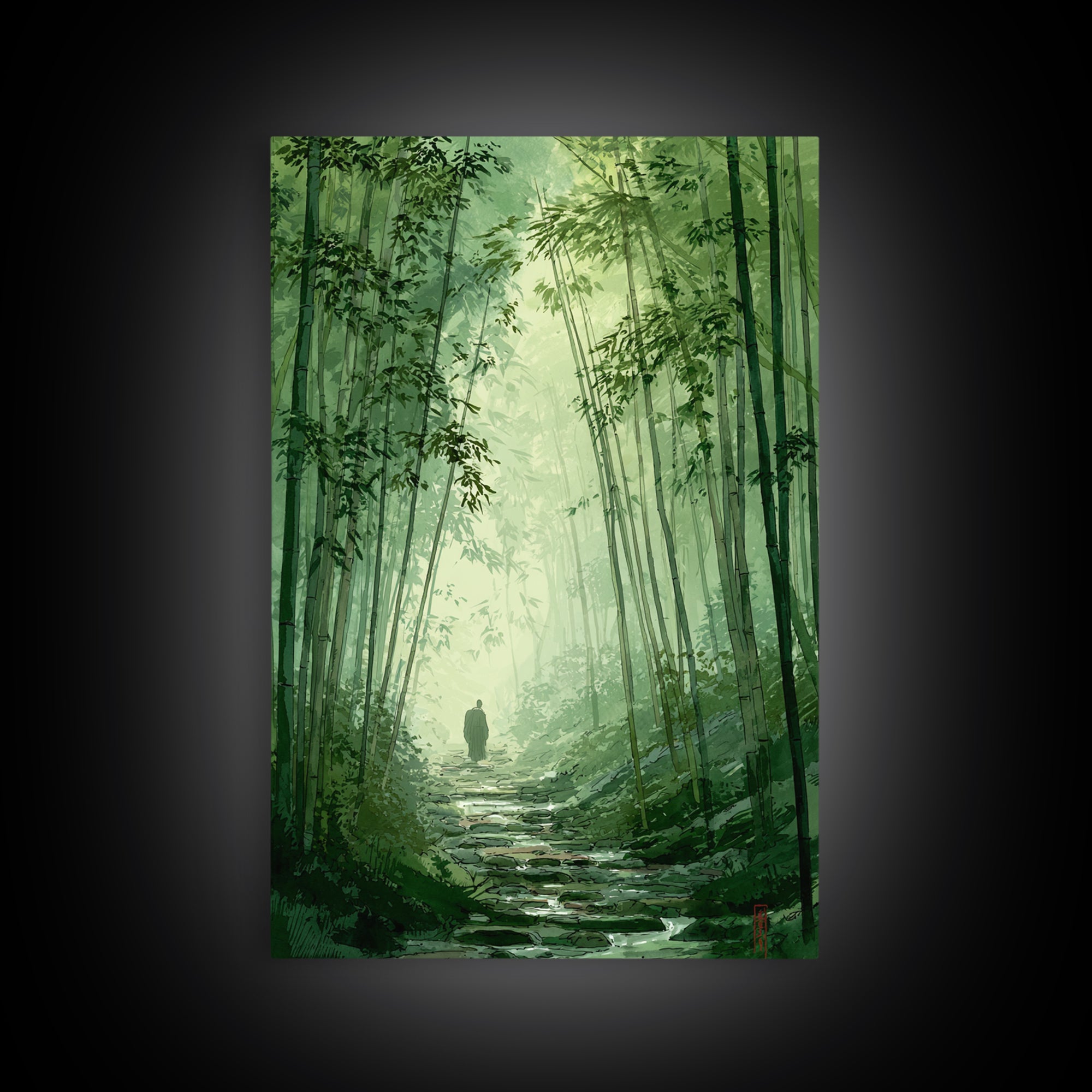Quiet Green Bamboo Forest Path With Figure Walking Amongmist Framed Canvas Print For Serene Nature Wall Art And Home Decor