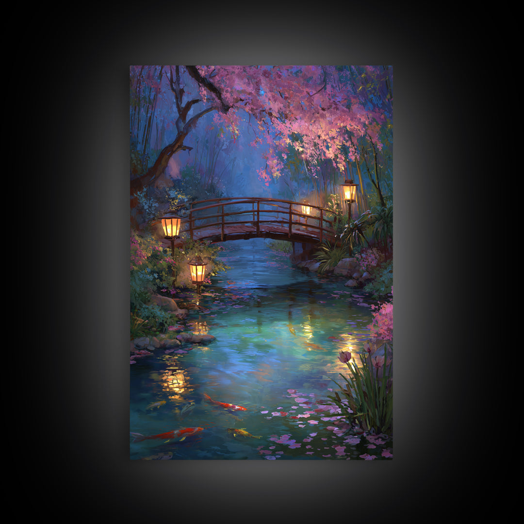 Serene Bridge Overpond With Glowing Lanterns And Koi Fish Wall Art Framed Canvas Print For Tranquil Home Decor