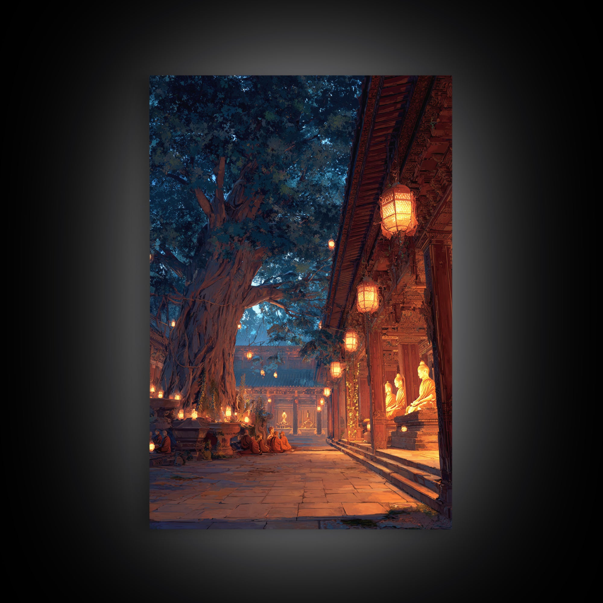 Peaceful Asian Temple And Monks At Dusk Digital Oil Painting Wall Art Canvas Print For Spiritual Home Decor