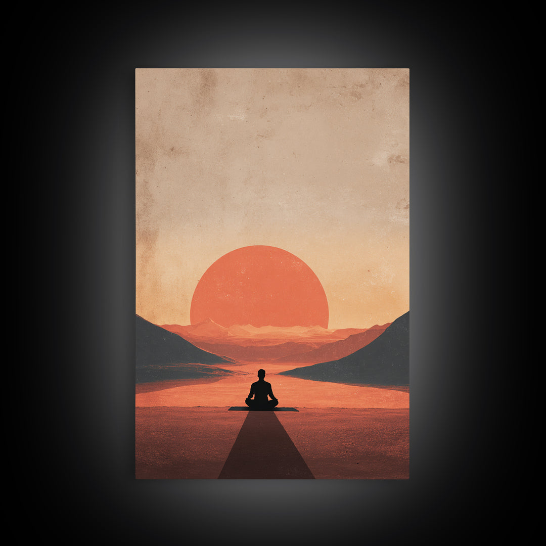 Meditative Silhouette Sunset Mountain Landscape Digital Art Canvas Print For Modern Wall Art And Home Decor