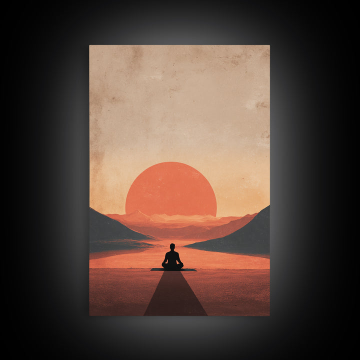 Meditative Silhouette Sunset Mountain Landscape Digital Art Canvas Print For Modern Wall Art And Home Decor