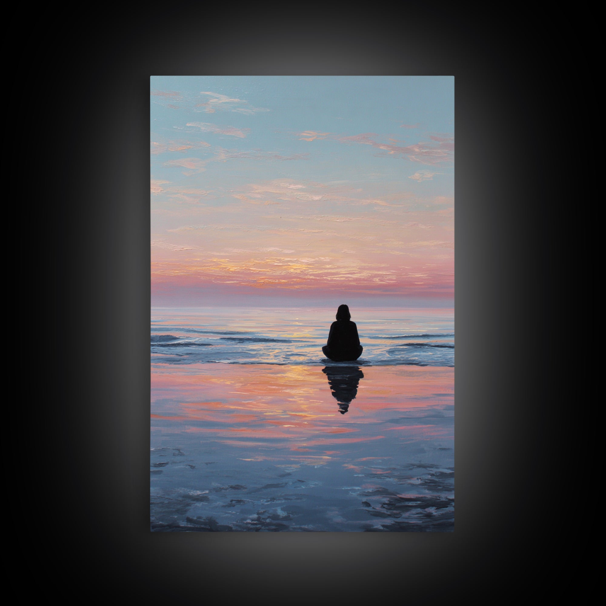 Serene Woman Meditating Beach Sunset Oil Painting Modern Wall Art Framed Canvas Print Peaceful Home Decor