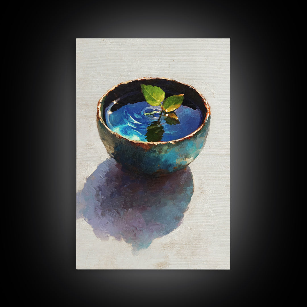 Rustic Blue Pottery Bowl With Leaf Reflection Oil Painting Framed Canvas Print For Home Decor And Wall Art