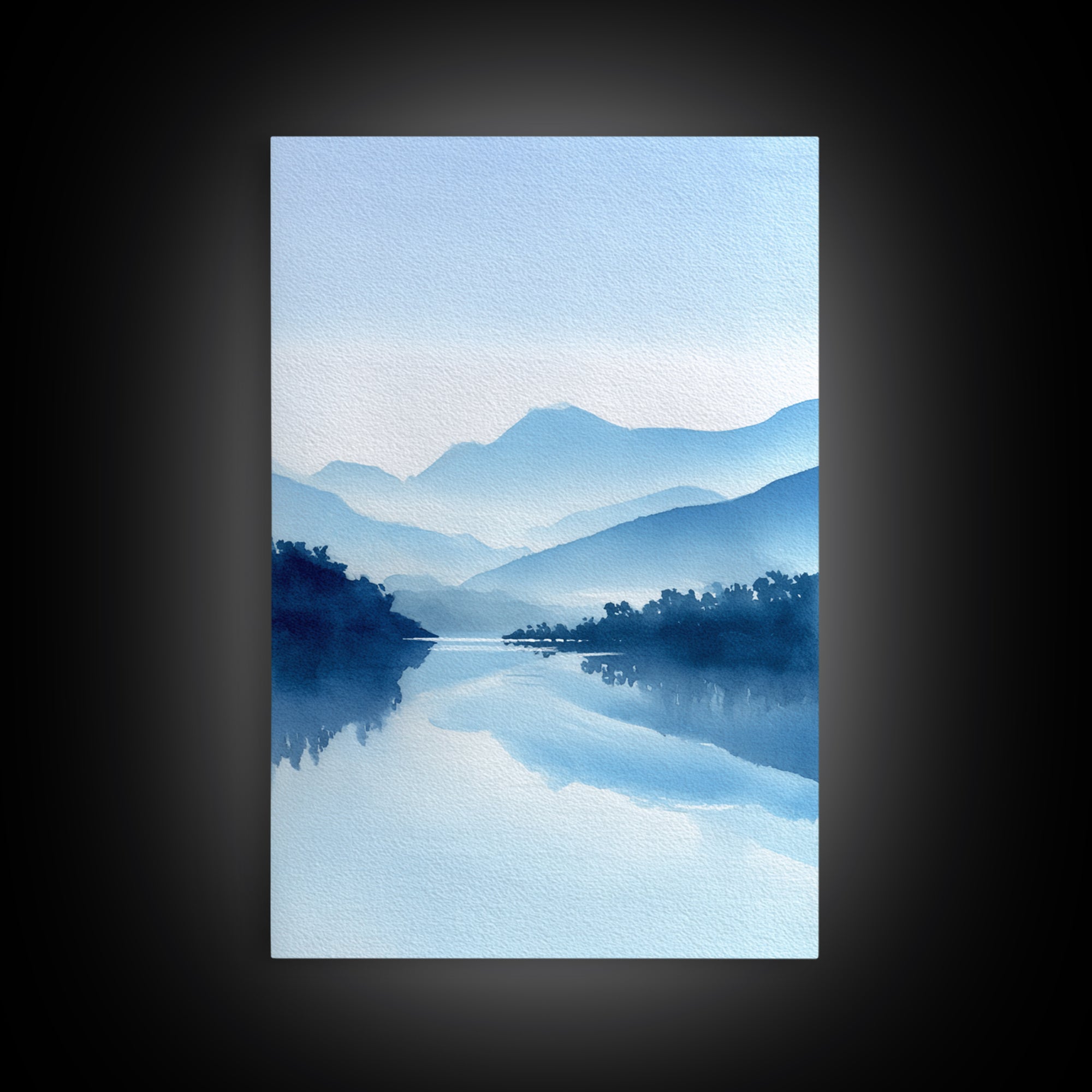 Tranquil Blue Mountain Landscape Painting Watercolor Style Canvas Print For Minimalist Bedroom And Office