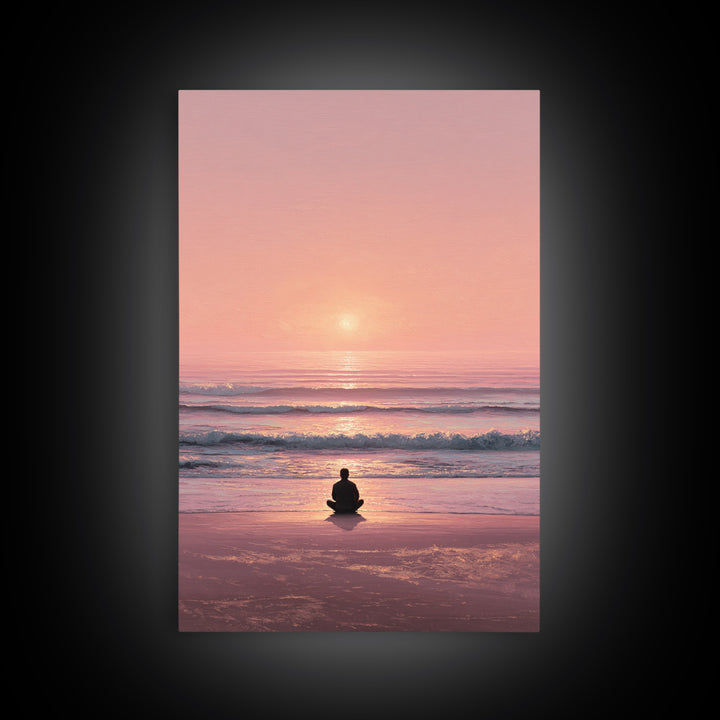 Meditative Seaside Sunset With Silhouette Sitting On Beach Wall Art Beautiful Ocean Canvas Print For Zen Home Decor