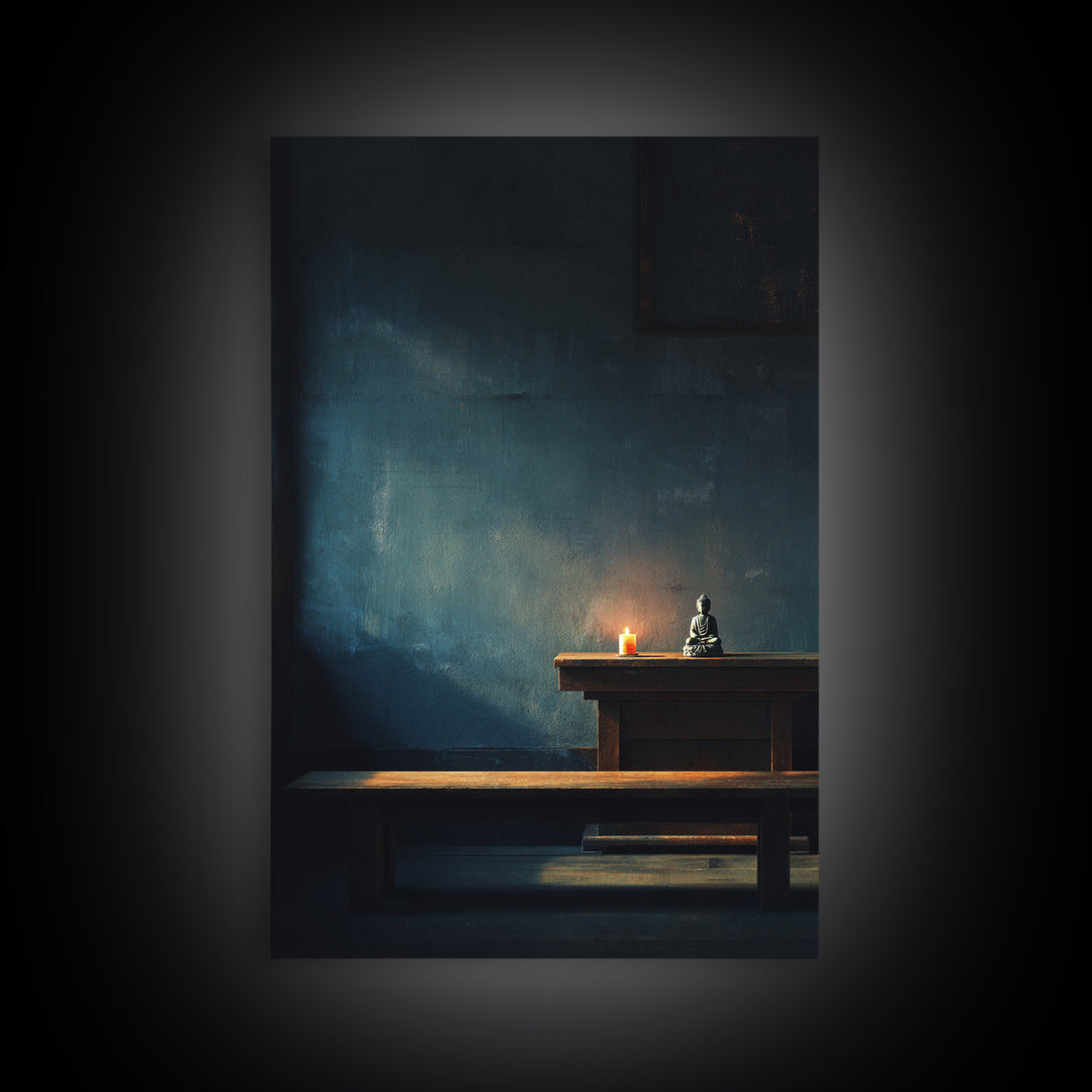 Serene Zen Meditation Room Wall Art Print With Buddha Statue And Candle Framed Canvas Print Minimalist Home Decor Tranquil Wall Art