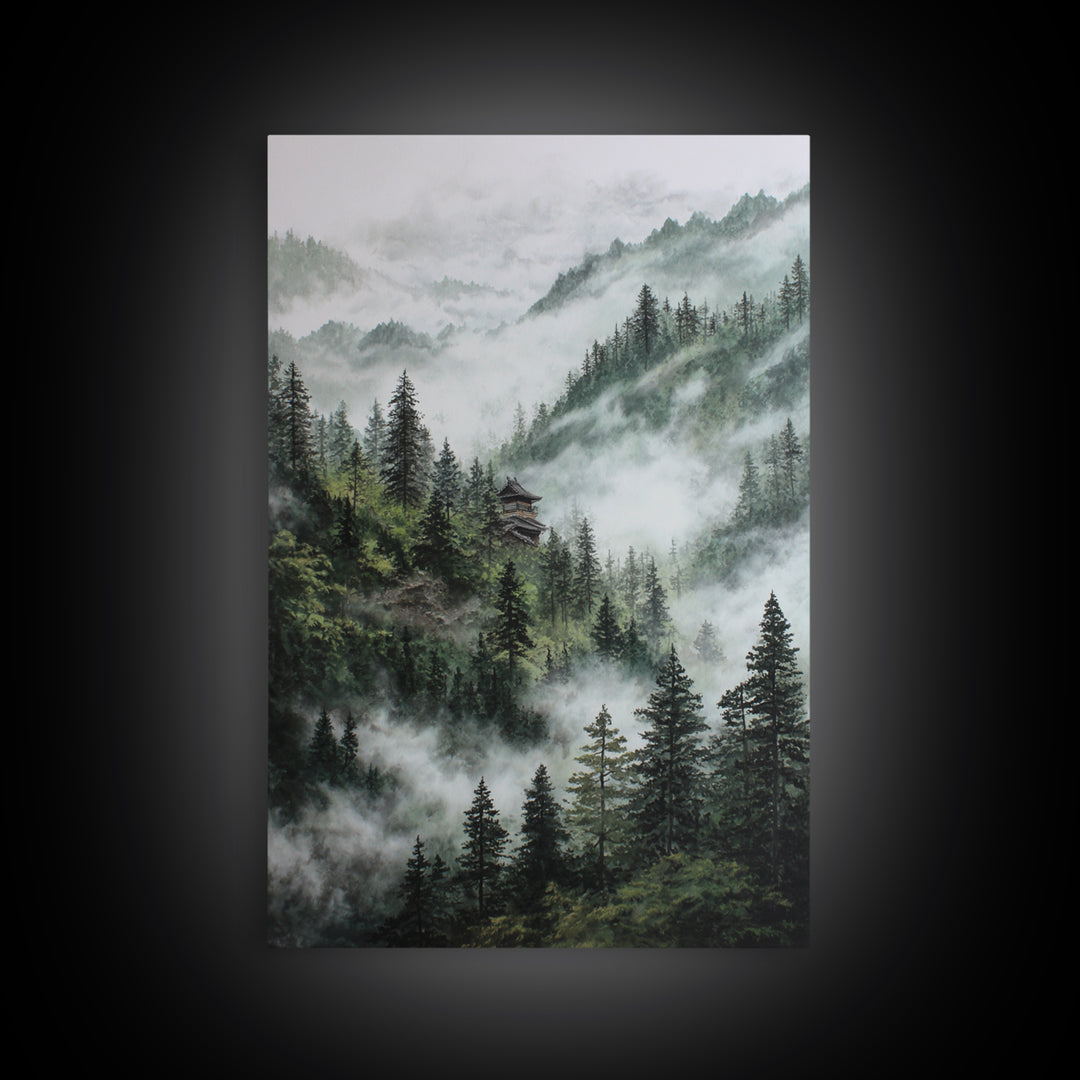 Mist Covered Mountain Landscape With Pine Trees And Hidden Cabin In The Forest Wall Art For Rustic Home Decor Canvas Print