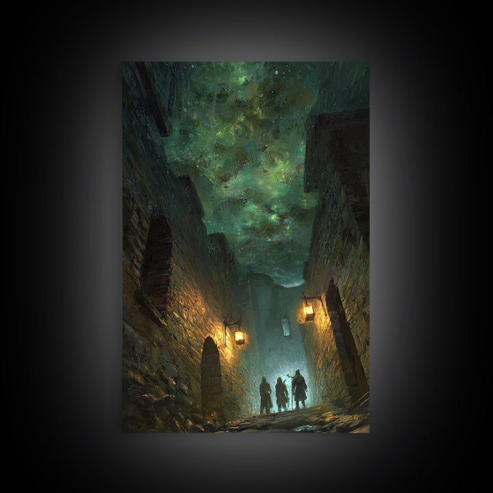 Dark Fantasy Alley Under Green Sky Wall Art, Gothic Cityscape, Magical Night Poster, Dungeons And Dragons Decor, Gift For Gamer