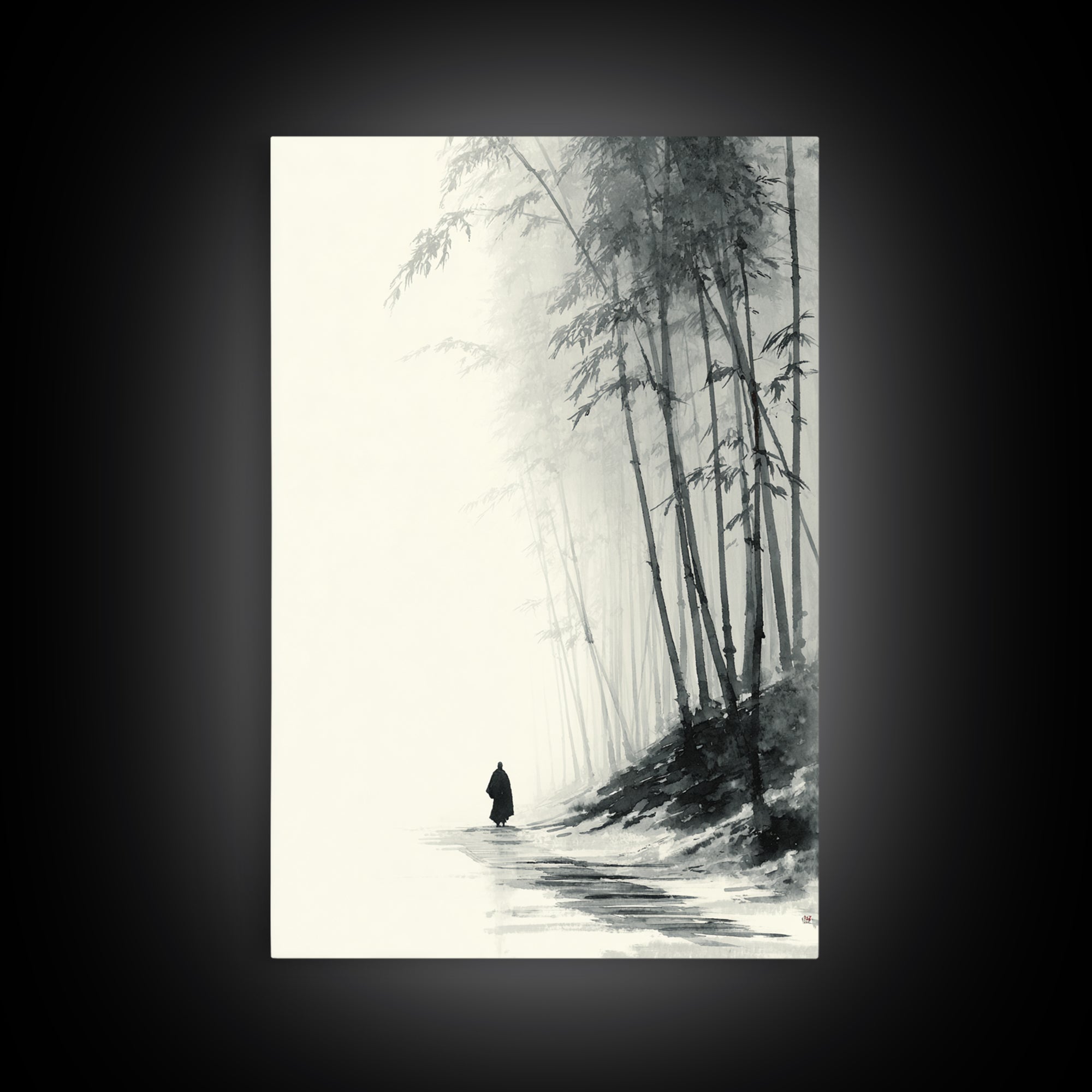 Minimalist Black And White Monochrome Painting Monk Walking In Bamboo Forest Wall Art Framed Canvas Print