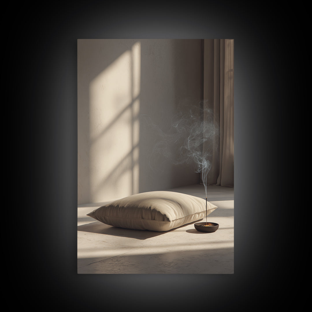Minimalist Cozy Room With Soft Pillow And Burning Incense Stick Canvas Print Modern Wall Art For Bedroom Decor