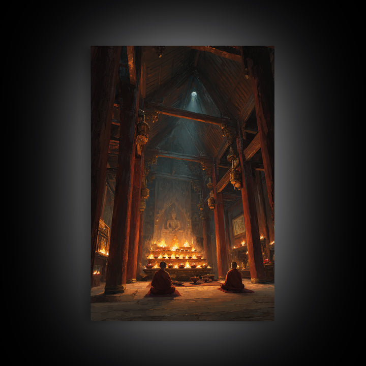 Ancient Temple Interior With Monks Meditating Spiritual Artwork Wall Art Framed Canvas Print For Meditation Room Decor