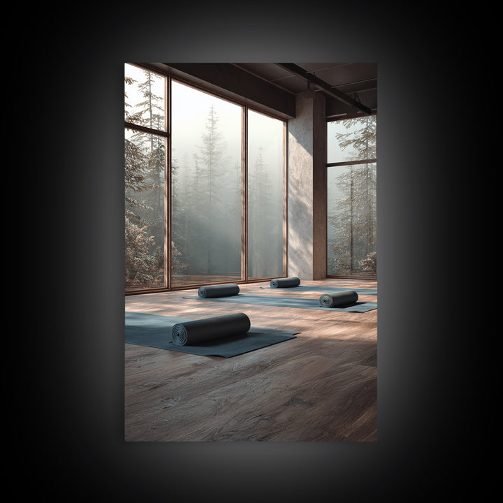 Tranquil Yoga Studio With Mountain View And Natural Light Wall Art Framed Canvas Print For Fitness And Wellness Spaces
