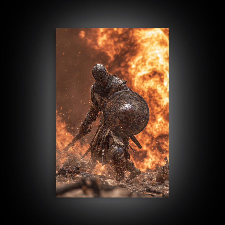 Armored Knight In Fiery Battle Framed Canvas Print, Dark Fantasy Wall Art, Medieval Warrior Decor, Gaming Room Gift For Him