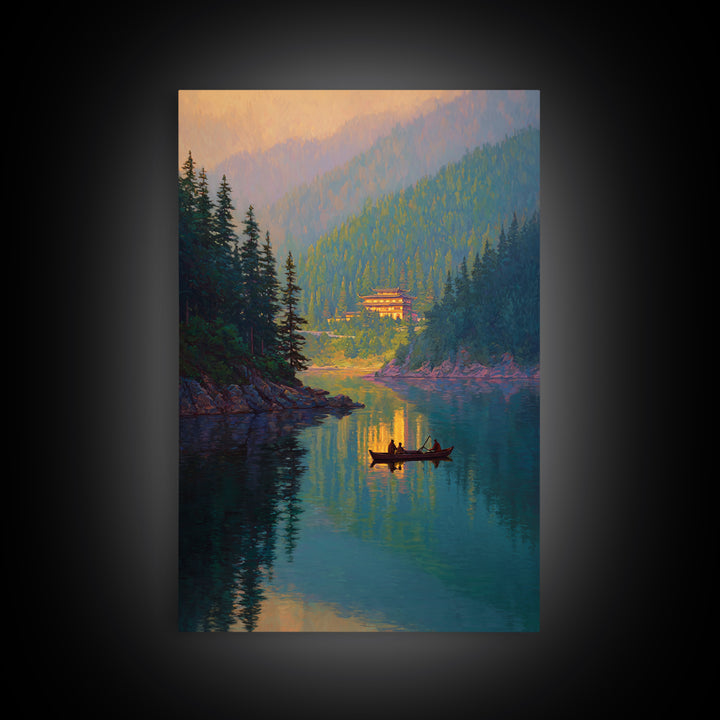 Serene Mountain Lake Landscape With Canoe Reflection Wall Art For Living Room Decor