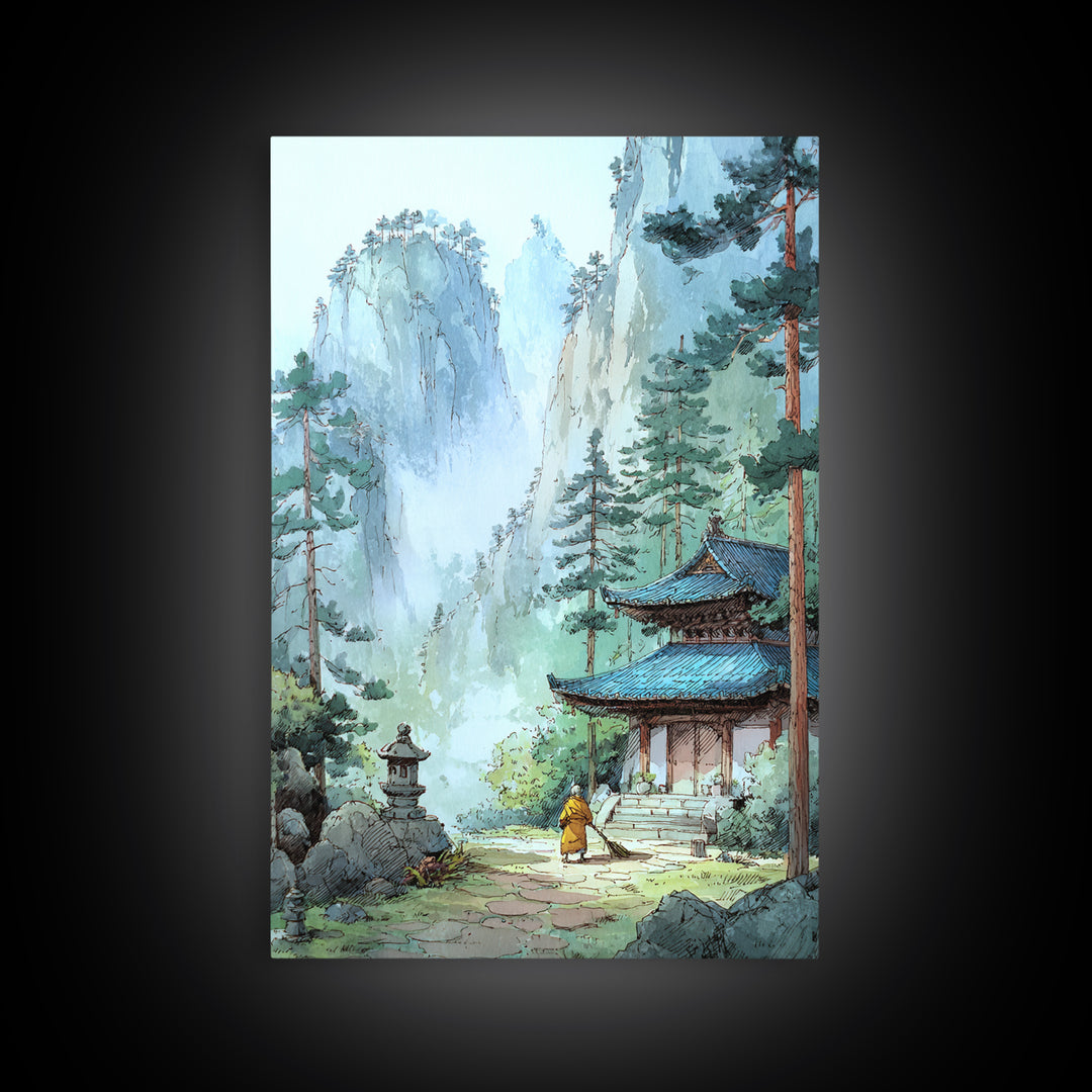 Serene Asian Temple Landscape With Misty Mountains And Lush Trees Wall Art Framed Canvas Print For Home Decor
