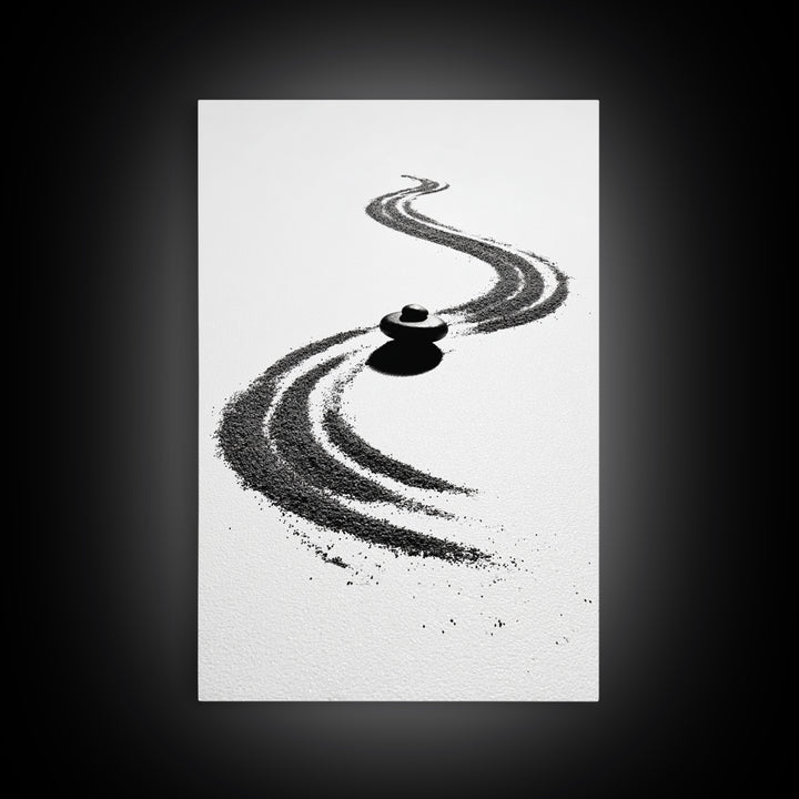 Zen Inspired Minimalist Sand And Stone Artwork Black And White Canvas Print For Modern Meditation Room Wall Art