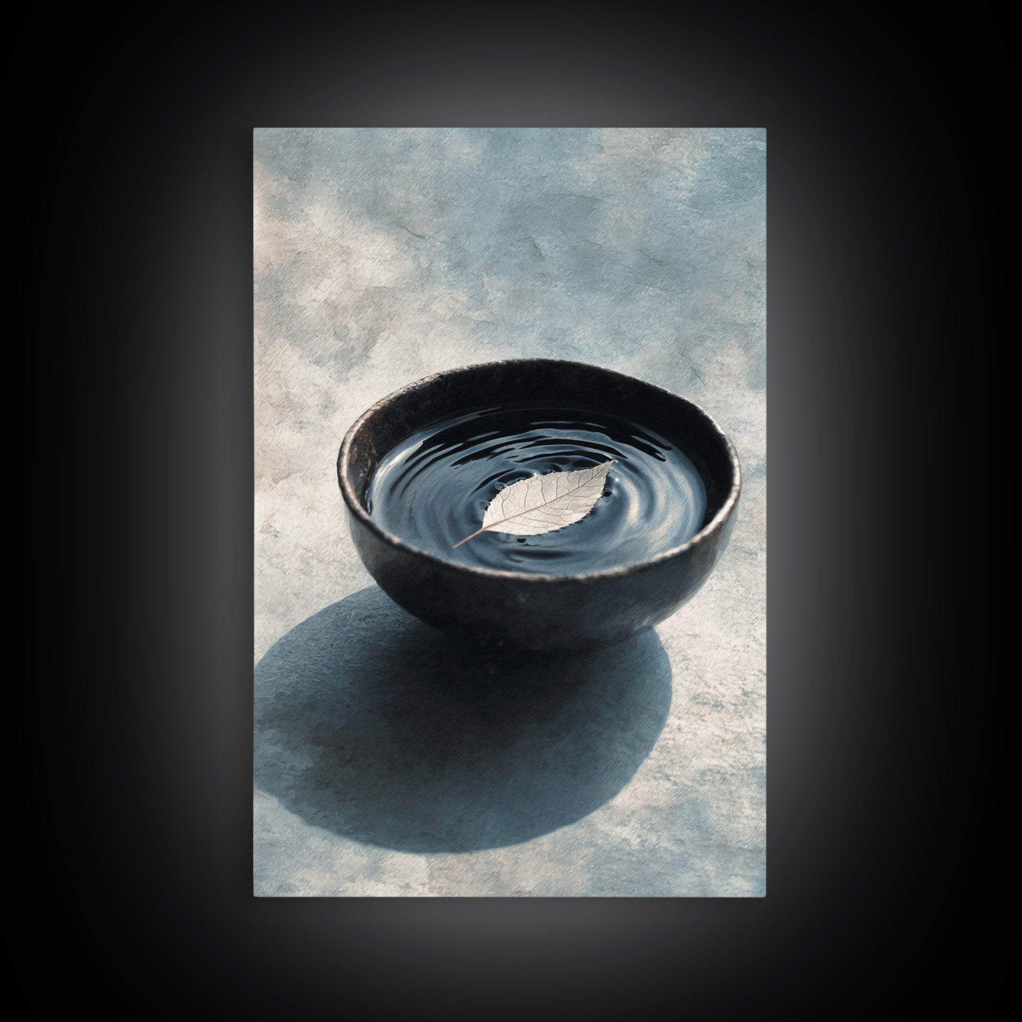 Minimalist Zen Black Bowl With Leaf Floating On Water Ripple Texture Wall Art Framed Canvas Print For Peaceful Home Decor
