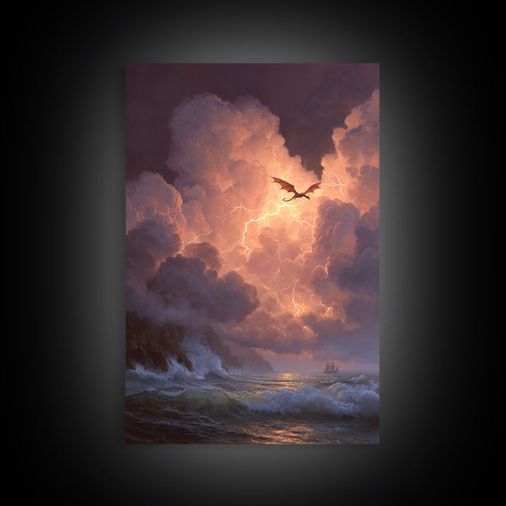 Storm Dragon Over Lightning Seas Wall Art Fantasy Seascape Canvas Print For Gothic Decor Dragon Art And Moody Coastal Room
