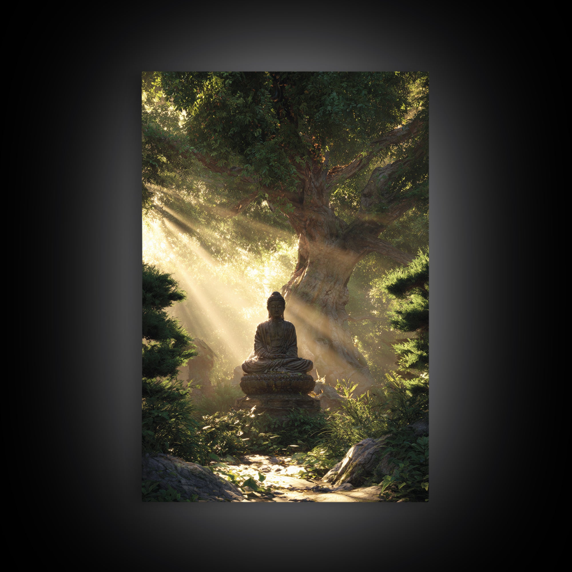 Buddha Statue Meditation Nature Sunbeams Forest Wall Art Canvas Print For Spiritual Home Decor Framed Art