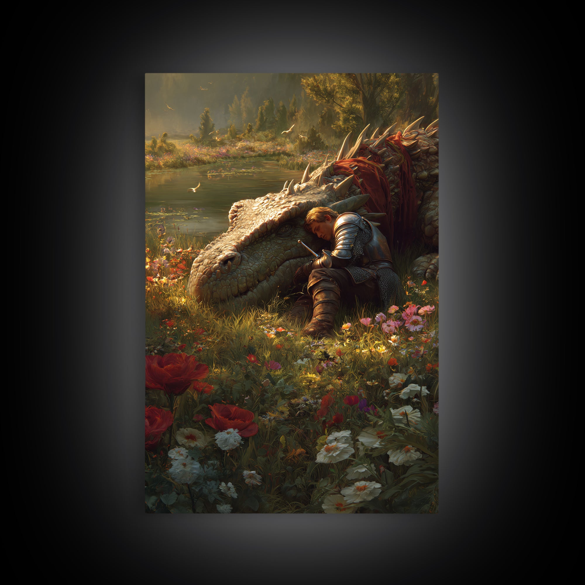 Sleeping Knight Beside Ancient Dragon Wall Art Fantasy Floral Meadow Canvas Print For Medieval Home Decor And Gift For Her
