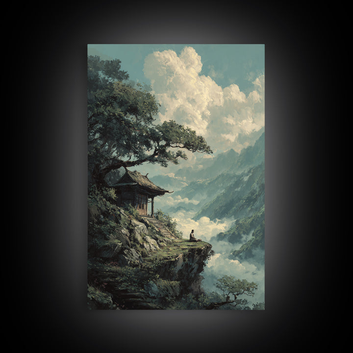 Tranquil Mountain Meditation Scene With Zen Garden Framed Canvas Print For Spiritual And Modern Home Wall Art Decor
