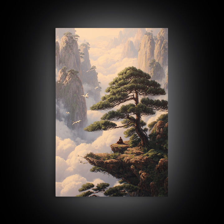 Meditative Man On Cliff Surrounded By Pines And Birds In Misty Mountains Wall Art Print For Tranquil Home Decor