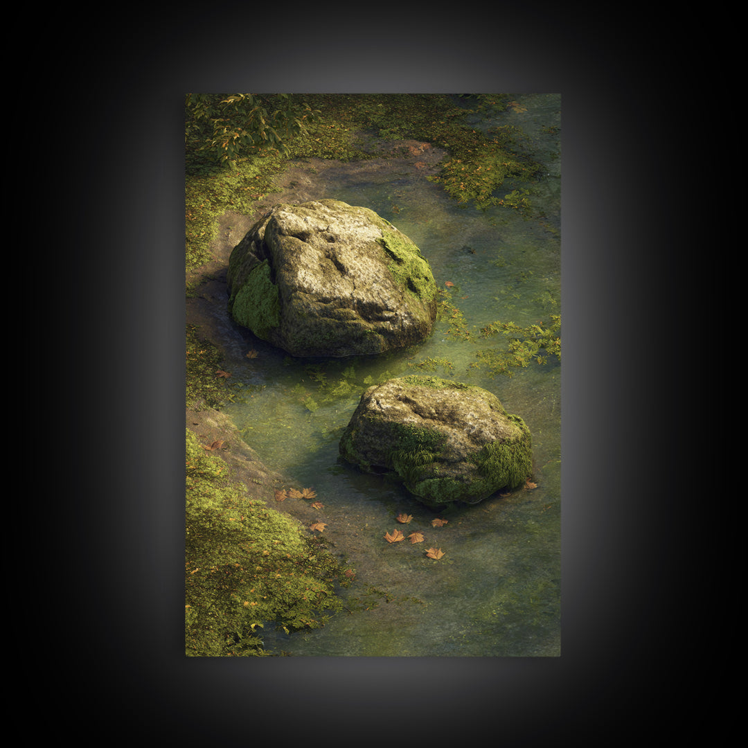 Peaceful Moss Covered Rocks In Quiet Woodland Stream Nature Wall Art Canvas Print For Calming Home Decor
