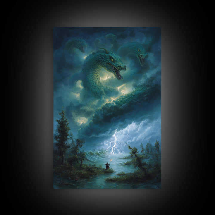 Three Headed Sea Hydra Storm Wall Art Fantasy Dragon Canvas Print For Gothic Decor Mythical Creature And Moody Office Art