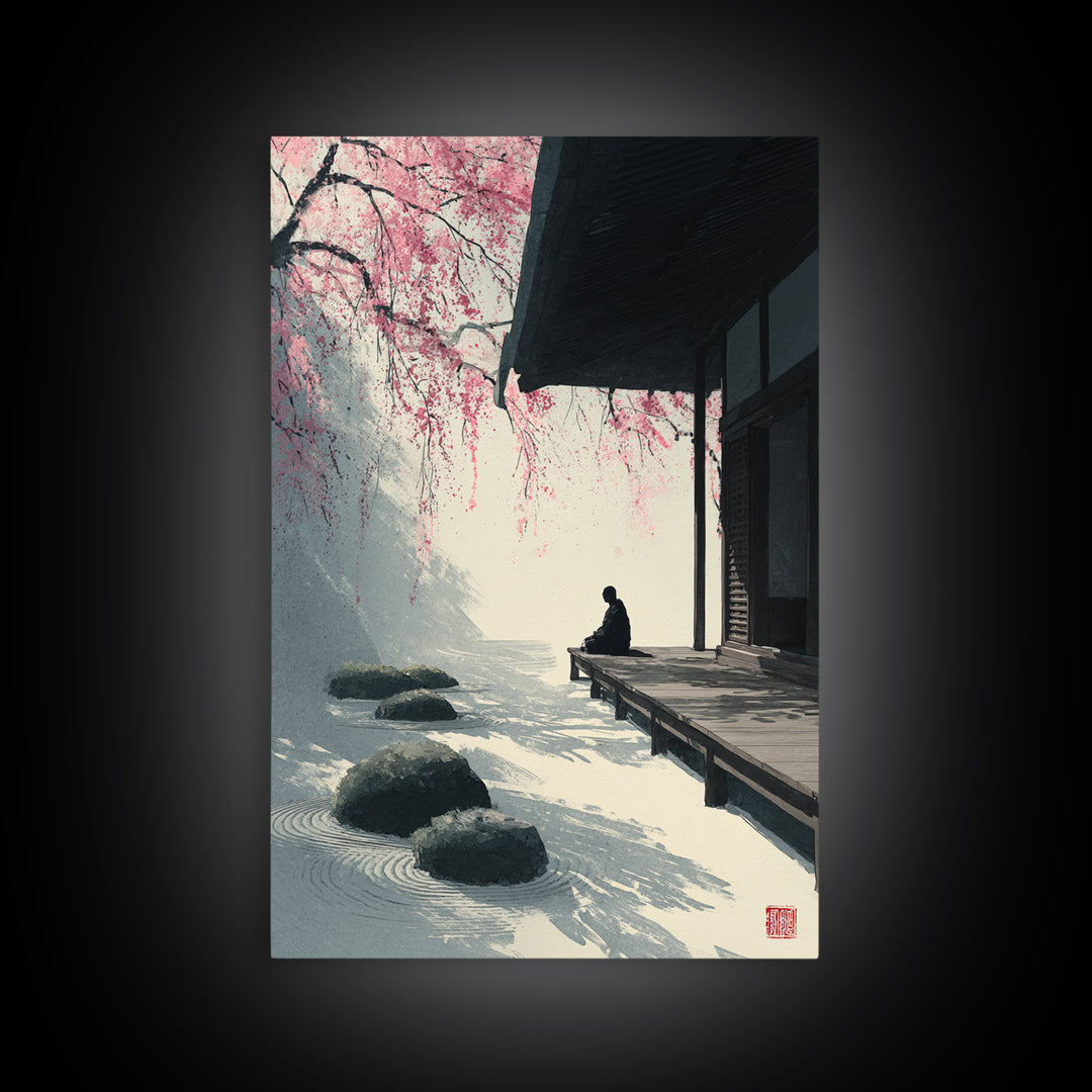 Zen Garden With Meditating Figure And Sakura Blossoms Tranquil Wall Art Framed Canvas Print