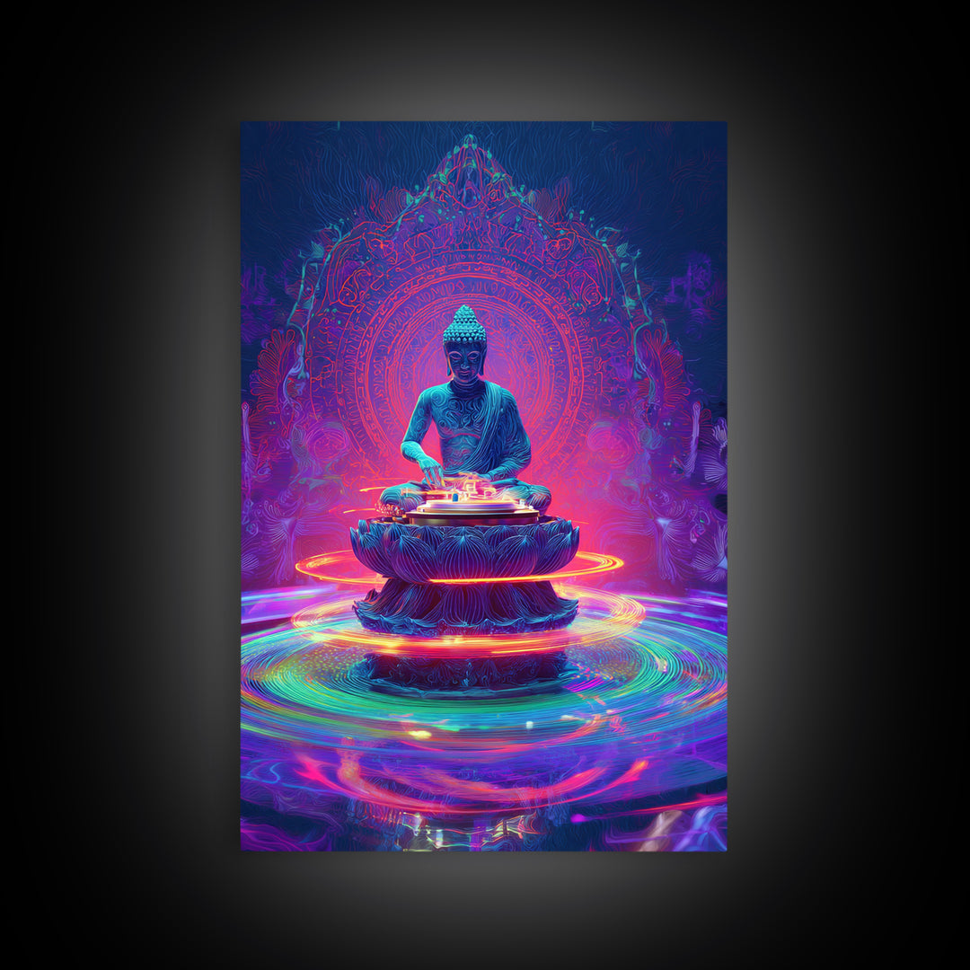 Vibrant Neon Buddha With Sacred Mandala And Energy Rings Wall Art Print Framed Canvas Print Spiritual Home Decor