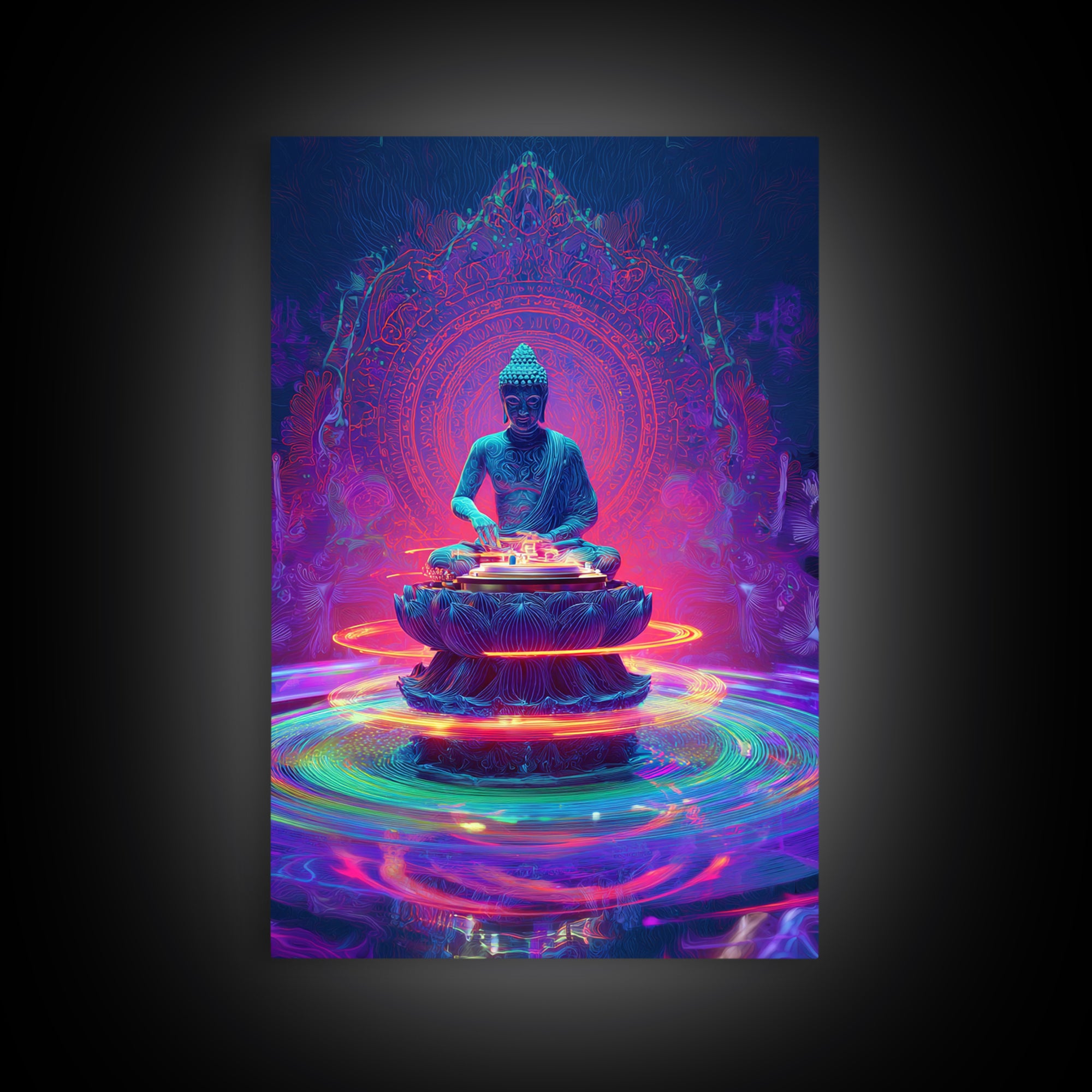 Vibrant Neon Buddha With Sacred Mandala And Energy Rings Wall Art Print Framed Canvas Print Spiritual Home Decor