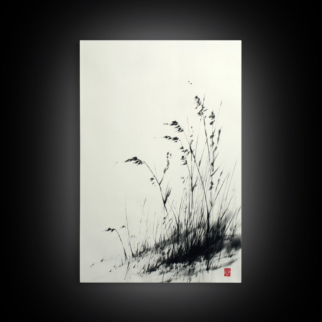 Elegant Black And White Ink Painting Of Windblown Grass Minimalist Wall Art Framed Canvas Print Natural Home Decor