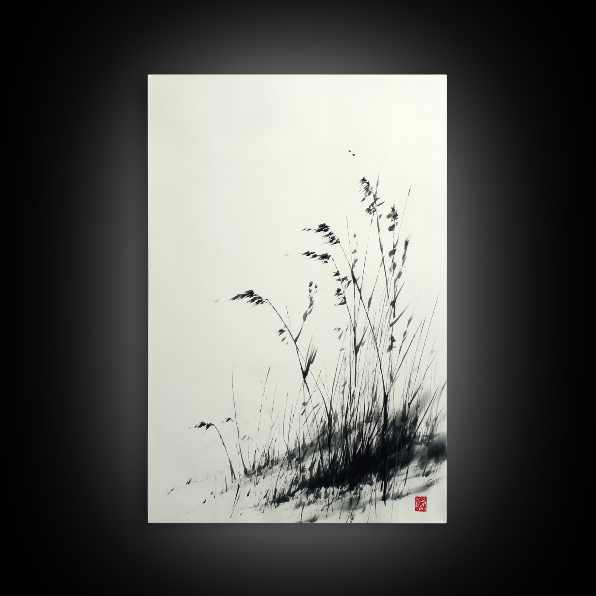Elegant Black And White Ink Painting Of Windblown Grass Minimalist Wall Art Framed Canvas Print Natural Home Decor