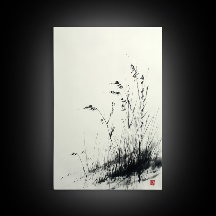 Elegant Black And White Ink Painting Of Windblown Grass Minimalist Wall Art Framed Canvas Print Natural Home Decor