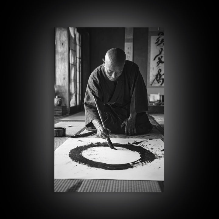 Black And White Fine Art Photography Of Japanese Calligraphy Artist Painting Circle Wall Art Framed Canvas Print