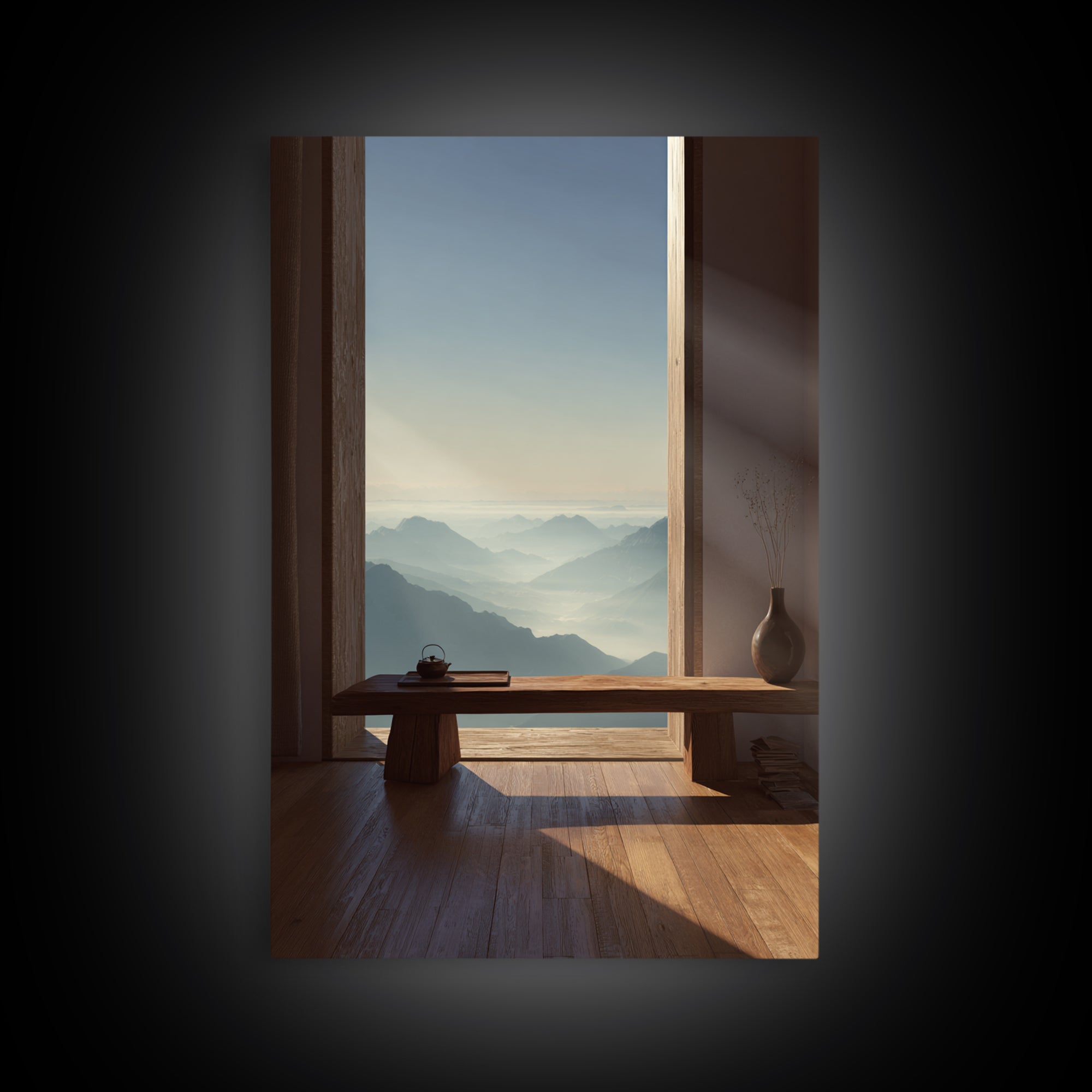 Serene Mountain Landscape from Window View Wall Art Canvas Print for Calm Minimalist Home and Office Decor