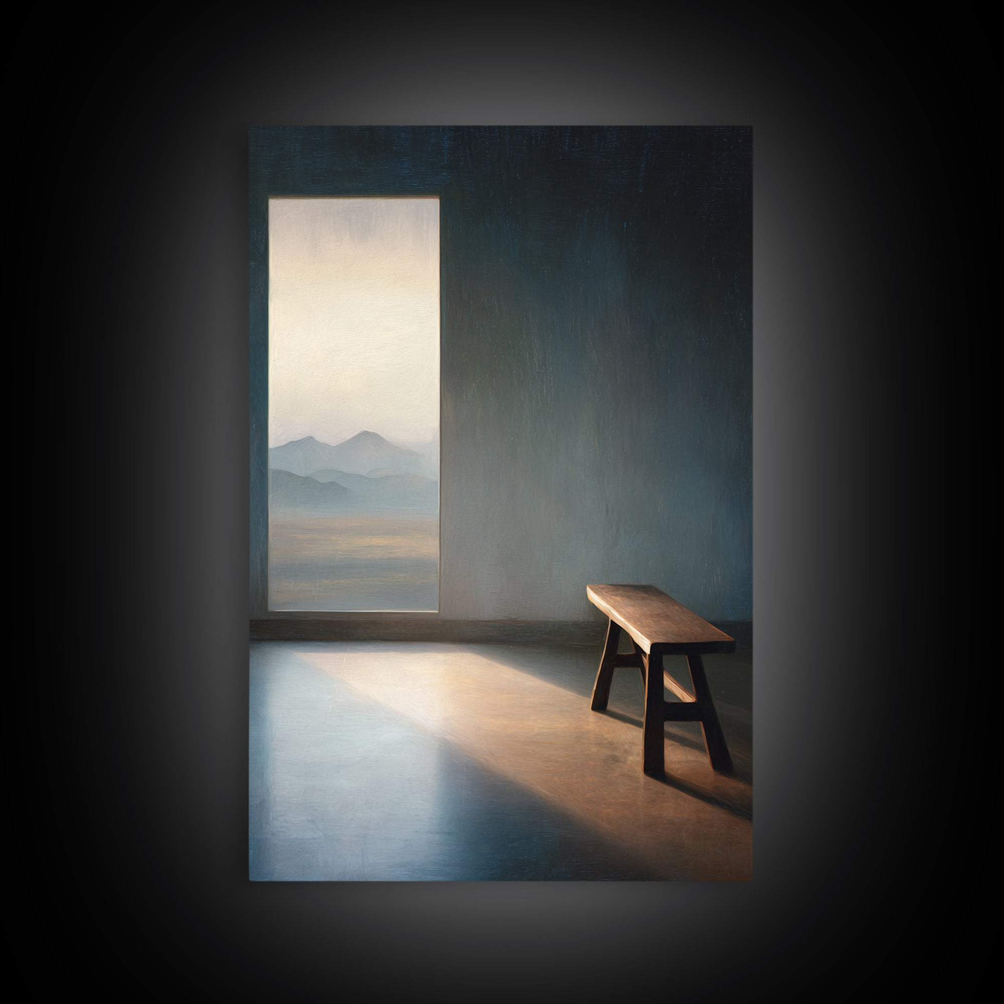 Peaceful Empty Room With Wooden Bench And Mountain View Window Oil Painting Wall Art Print Canvas Print For Minimalist Home Decor
