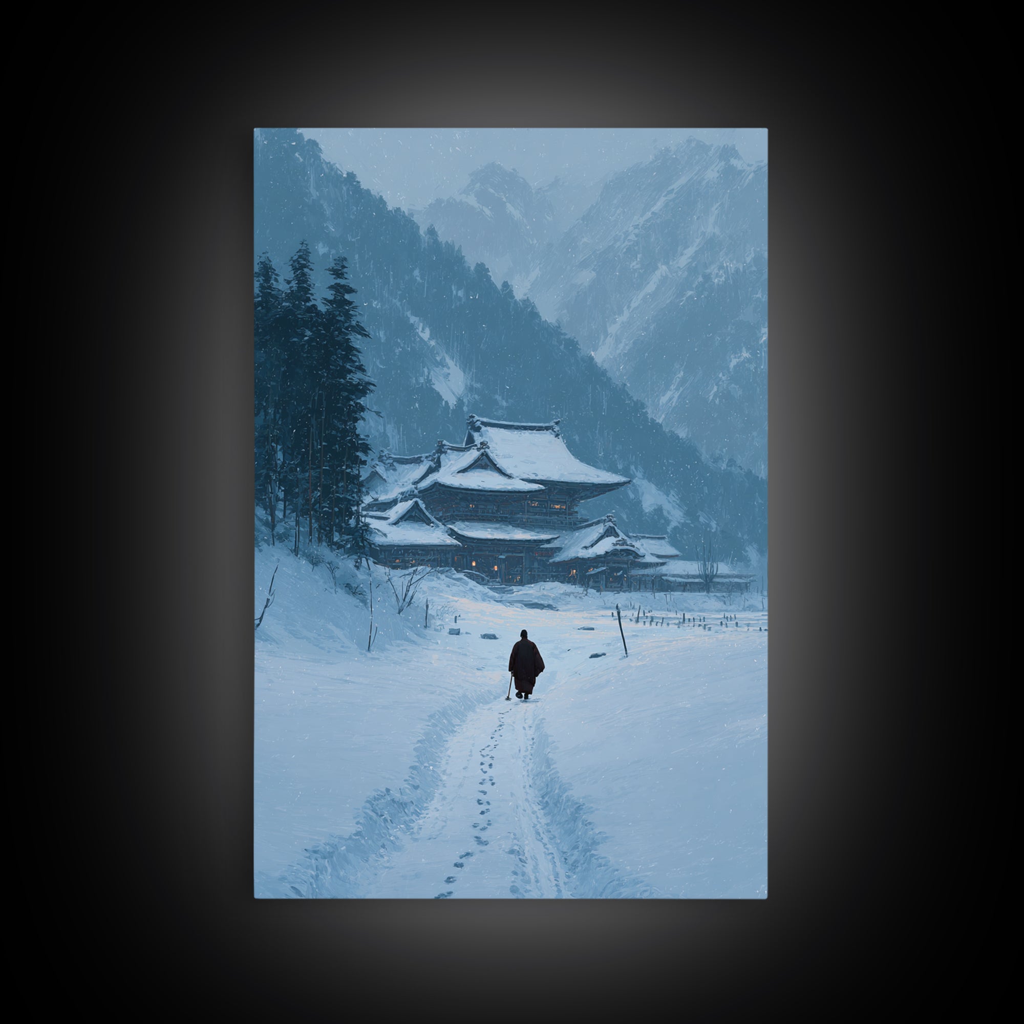 Serene Japanese Winter Landscape With Snow Covered Temple And Monk Pathway Wall Art Canvas Print For Home Decor