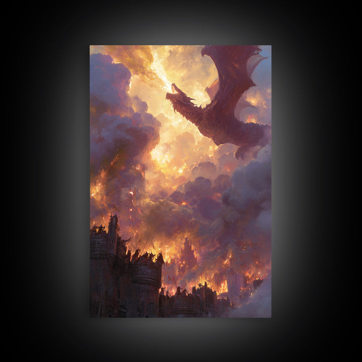 Red Dragon Above Burning Castle Wall Art Epic Fantasy Canvas Print For Gothic Decor Medieval Battle Art And Game Room Wall Decor