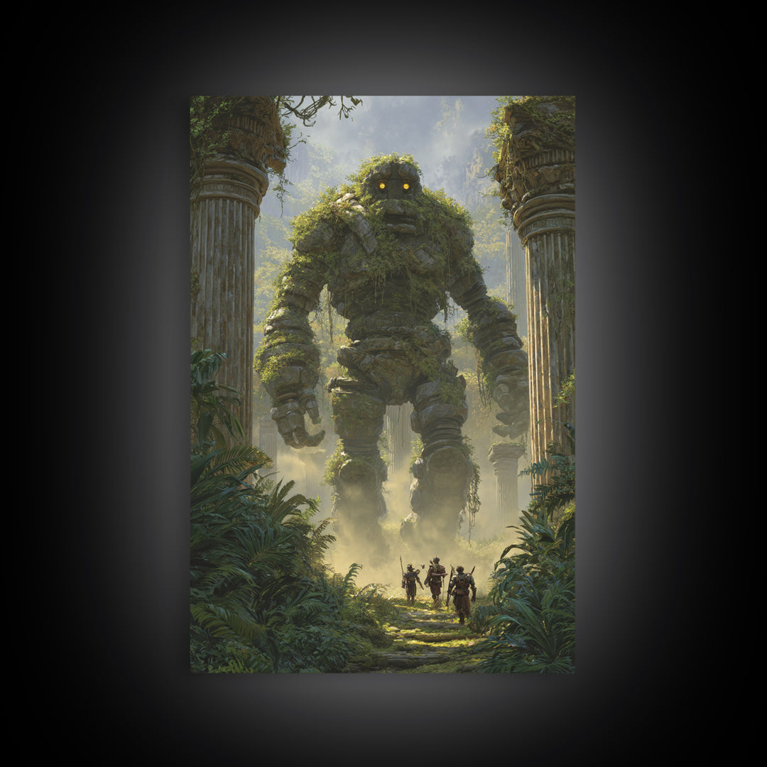 Moss Covered Stone Golem In Jungle Ruins Wall Art Fantasy Canvas Print For Nature Decor Adventure Art And Kids Room Wall Decor