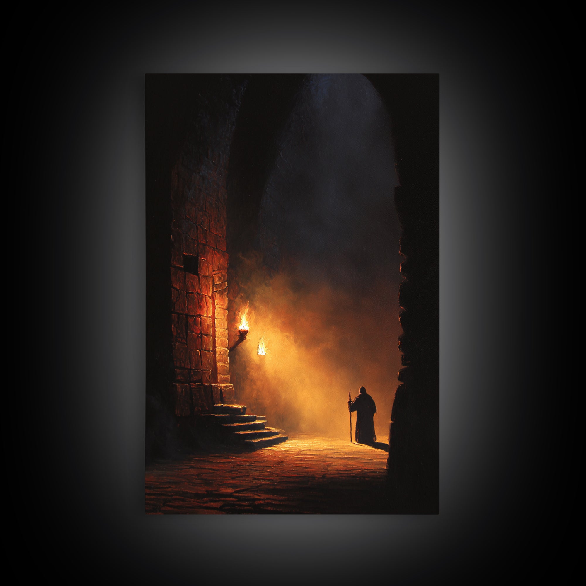 Torchlit Monk In Ancient Stone Arch Wall Art Dark Academia Canvas Print For Gothic Decor Medieval Hallway Art And Office