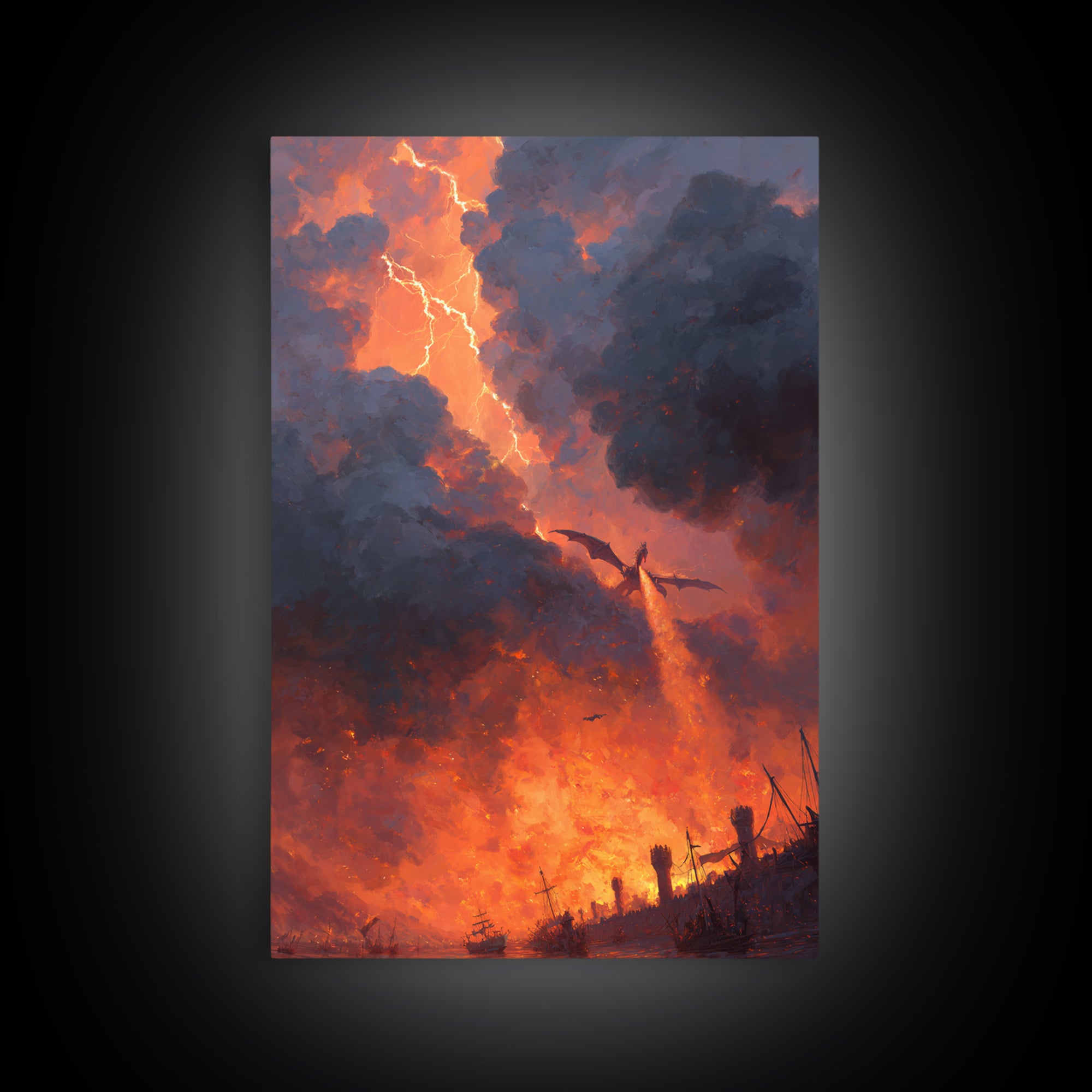 Fire Breathing Dragon Over Burning Battlefield Wall Art Epic Fantasy Canvas Print For Medieval Decor Gothic Game Room Wall Decor